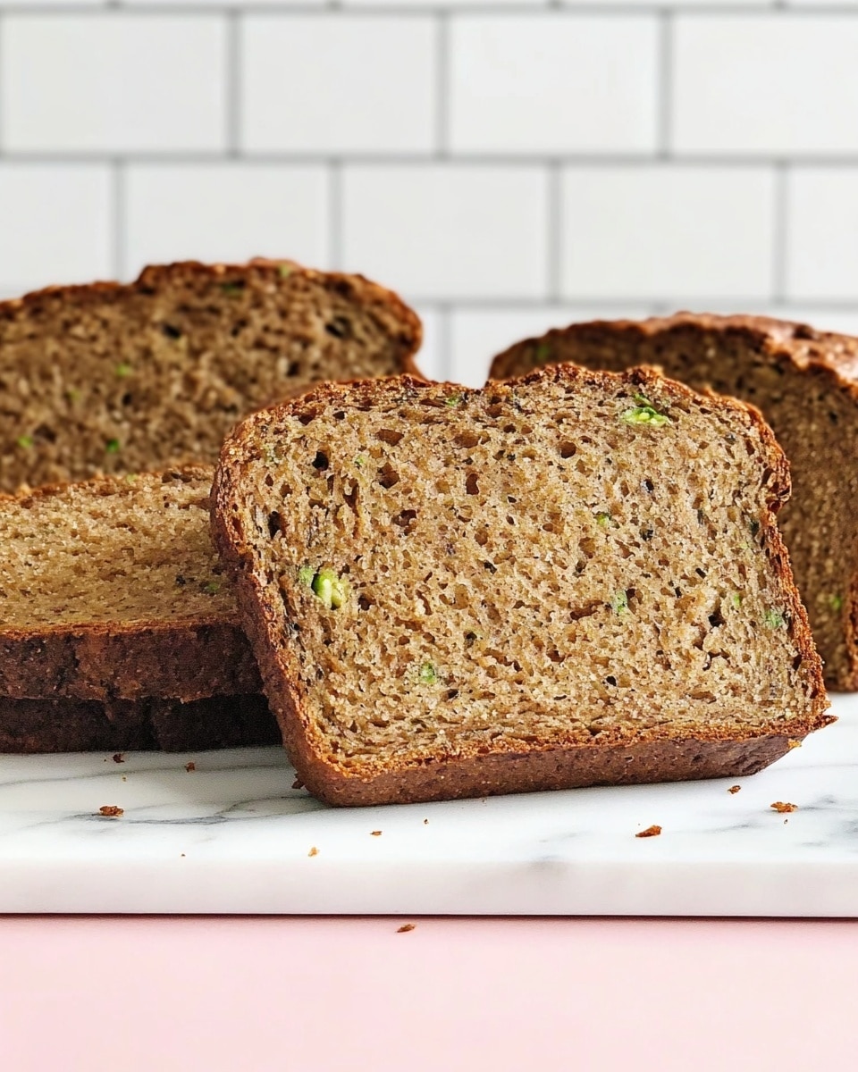 The image shows three slices of brown bread with a soft, slightly speckled texture, placed on a white marbled surface. The bread has a firm, darker brown crust that is rough and thick, forming a sturdy outer layer around the lighter, grainy inside. One slice is flat on the surface in the foreground, while two thicker slices rest more upright behind it, showing their even, dense crumb structure with tiny bits of what looks like seeds or nuts. The background is white tile, simple and clean. photo taken with an iphone --ar 4:5 --v 6.1