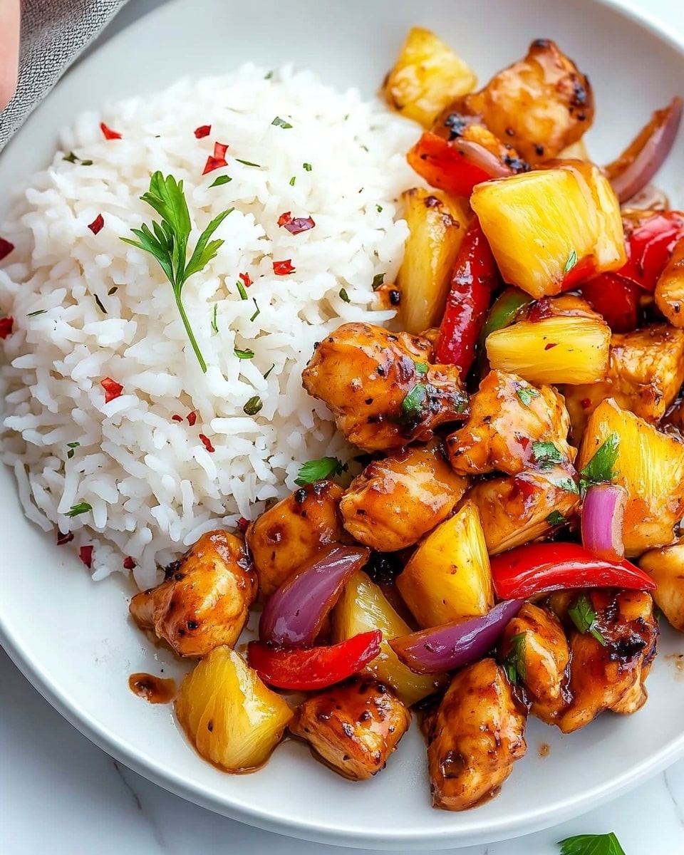 The dish shows a white plate on a white marbled surface, filled with a colorful stir-fry next to a mound of plain white rice garnished with small green herbs and red flakes. The stir-fry has three main layers: golden-brown chicken pieces, bright yellow pineapple chunks, and red bell pepper slices mixed with thin, translucent purple onion strips, all shiny with sauce. The chicken and vegetables are spread to one side, while the rice is piled neatly on the other side of the plate. Small green herbs are scattered on top of the stir-fry, giving it a fresh look. Photo taken with an iphone --ar 4:5 --v 6.1