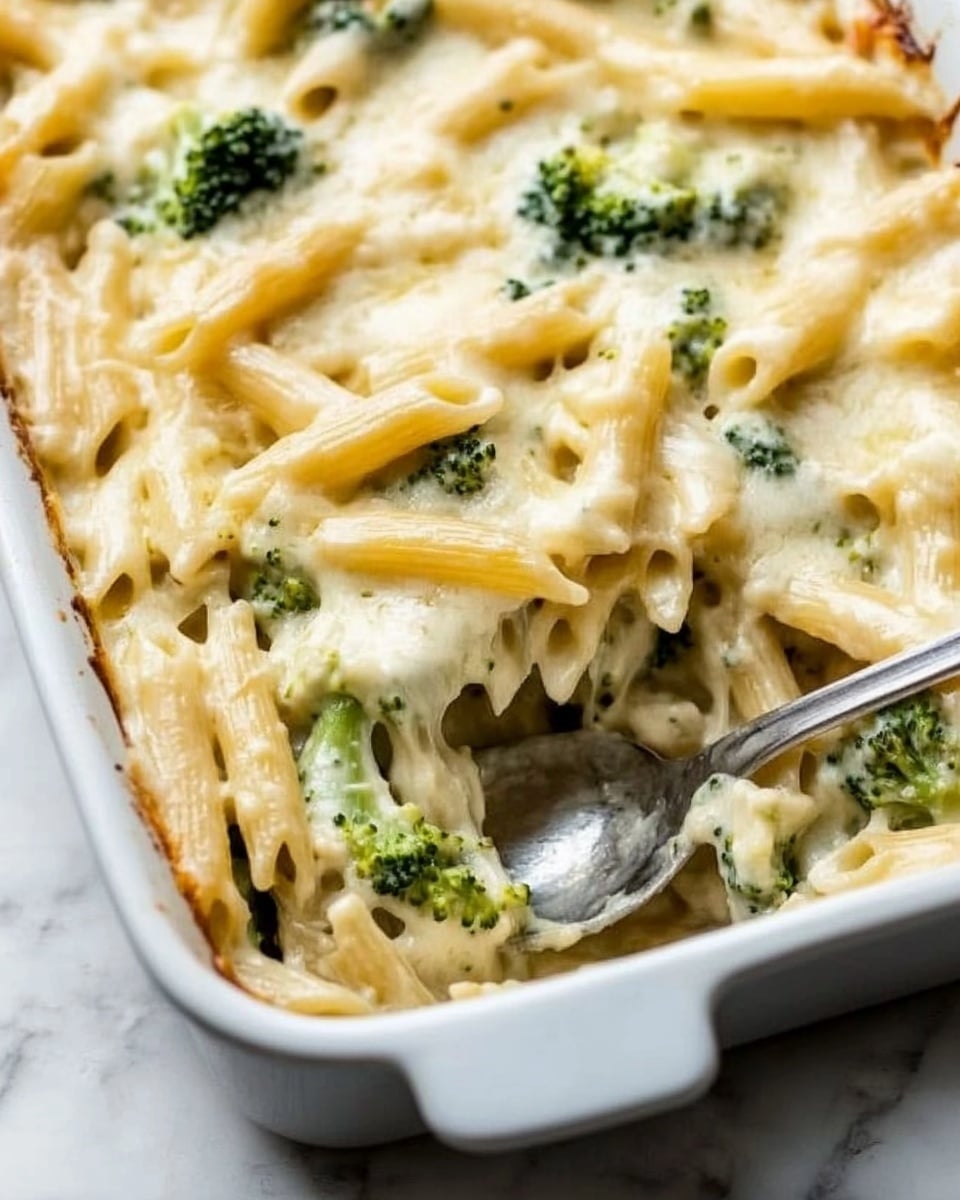 The image shows a white rectangular casserole dish filled with a creamy pasta bake. The dish has one visible layer of penne pasta mixed with bright green broccoli pieces, all covered with a thick, light yellow cheese sauce that looks smooth and melted. On the left side, a silver spoon is scooping out some of the pasta, revealing the creamy sauce underneath and a few small pieces of broccoli. The casserole dish rests on a white marbled surface. Photo taken with an iphone --ar 4:5 --v 6.1