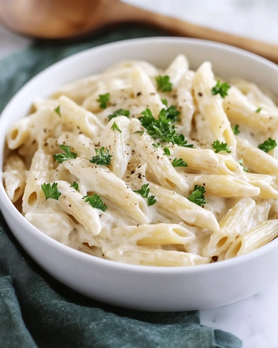The image shows a close-up view of creamy pasta in a white bowl with textured edges. The pasta is penne, coated in a smooth, thick white sauce that looks rich and glossy. Small green parsley leaves are sprinkled evenly over the pasta, adding a fresh touch. The pasta pieces have a soft but firm texture and are positioned close together, filling the bowl. The white marbled surface is visible slightly at the edges of the bowl. photo taken with an iphone --ar 4:5 --v 6.1
