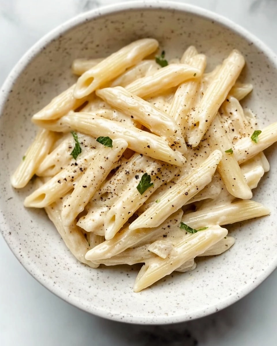 A white ceramic bowl filled with creamy penne pasta coated in a smooth white sauce, lightly sprinkled with black pepper and tiny green herb bits, sitting on a white marbled surface. The penne pieces are neatly piled and glistening, showing a soft texture with a few sauce drips on the sides of the bowl. Photo taken with an iphone --ar 4:5 --v 6.1