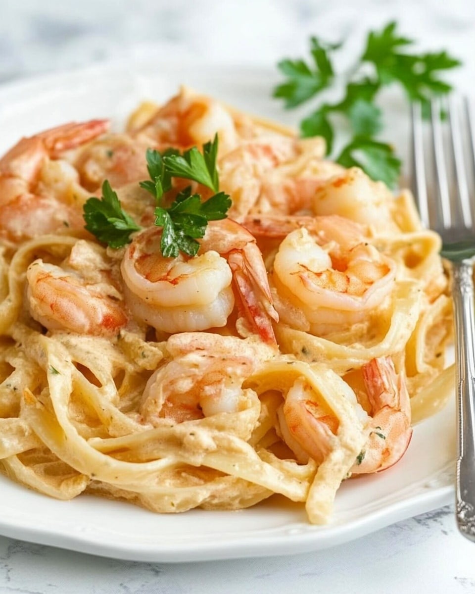 The image shows a white plate filled with fettuccine pasta covered in a creamy sauce, topped with several cooked shrimp that have a light orange and white color. There are small green parsley leaves scattered on top of the pasta and shrimp, adding a fresh color contrast. A silver fork is placed on the right side of the plate, resting on the white marbled surface underneath. The pasta has a smooth texture with visible strands, and the shrimp look tender with slight pinkish-orange hues. Photo taken with an iphone --ar 4:5 --v 6.1
