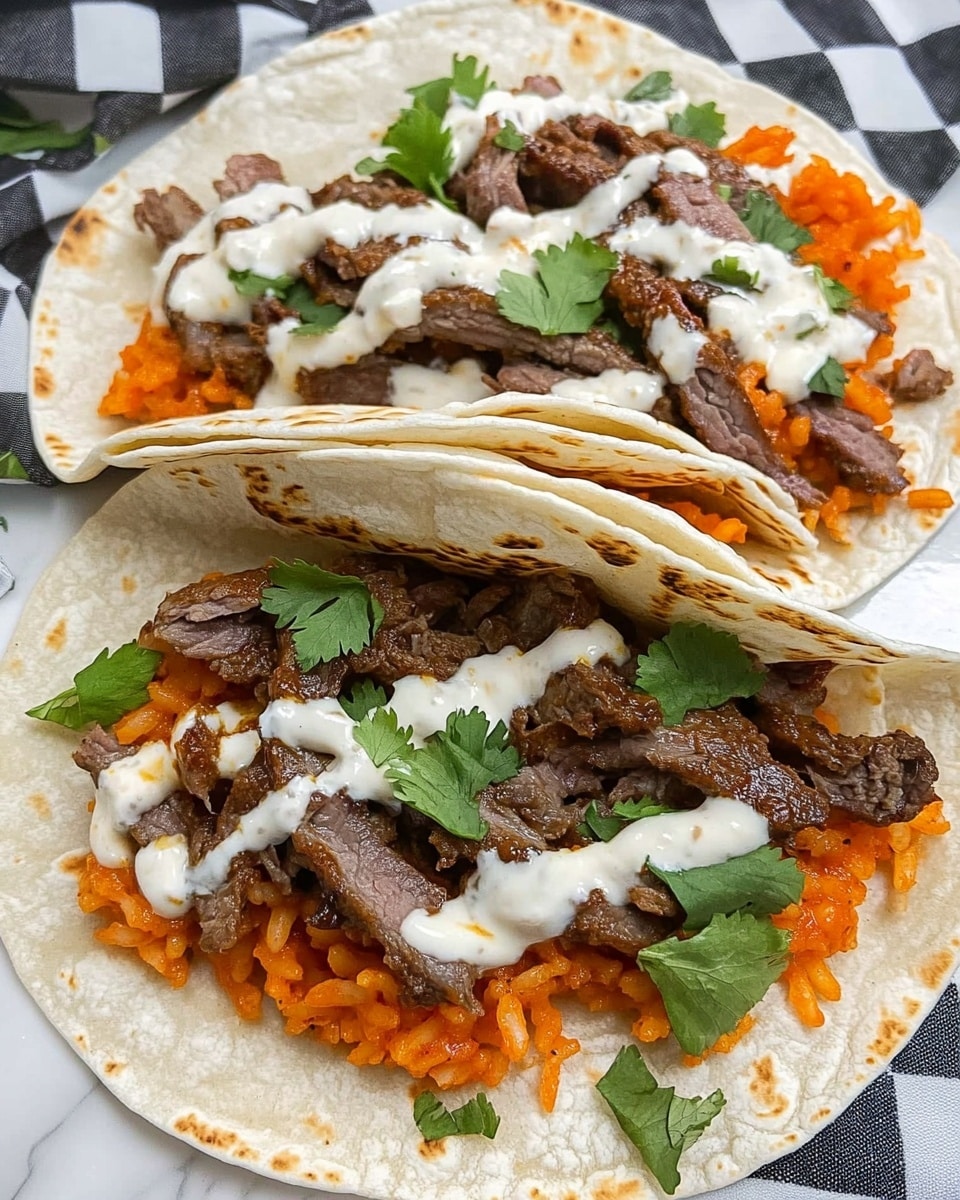 Two soft, white tortillas lie on a black and white checkered surface. The top tortilla is open and filled with three layers: the bottom layer is orange-colored rice, the middle layer is small pieces of cooked brown beef, and the top layer has a mix of white sauce, brown sauce, and scattered green cilantro leaves. The bottom tortilla is folded over the filling, showing the same orange rice and beef inside, with some green cilantro leaves on top. photo taken with an iphone --ar 4:5 --v 6.1