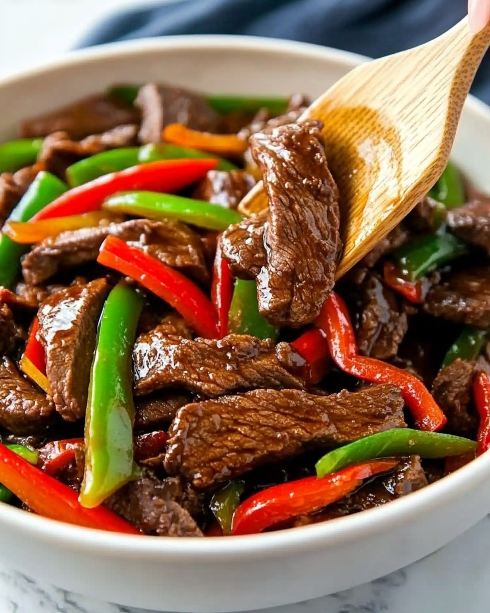A white bowl is filled with a base layer of fluffy white rice. On top, there is a mix of dark brown beef strips coated in shiny sauce, paired with bright red bell pepper slices and fresh green beans. The colors contrast well against the white rice and white marbled background. The dish looks juicy and fresh, with the vegetables adding a crisp texture. photo taken with an iphone --ar 4:5 --v 6.1