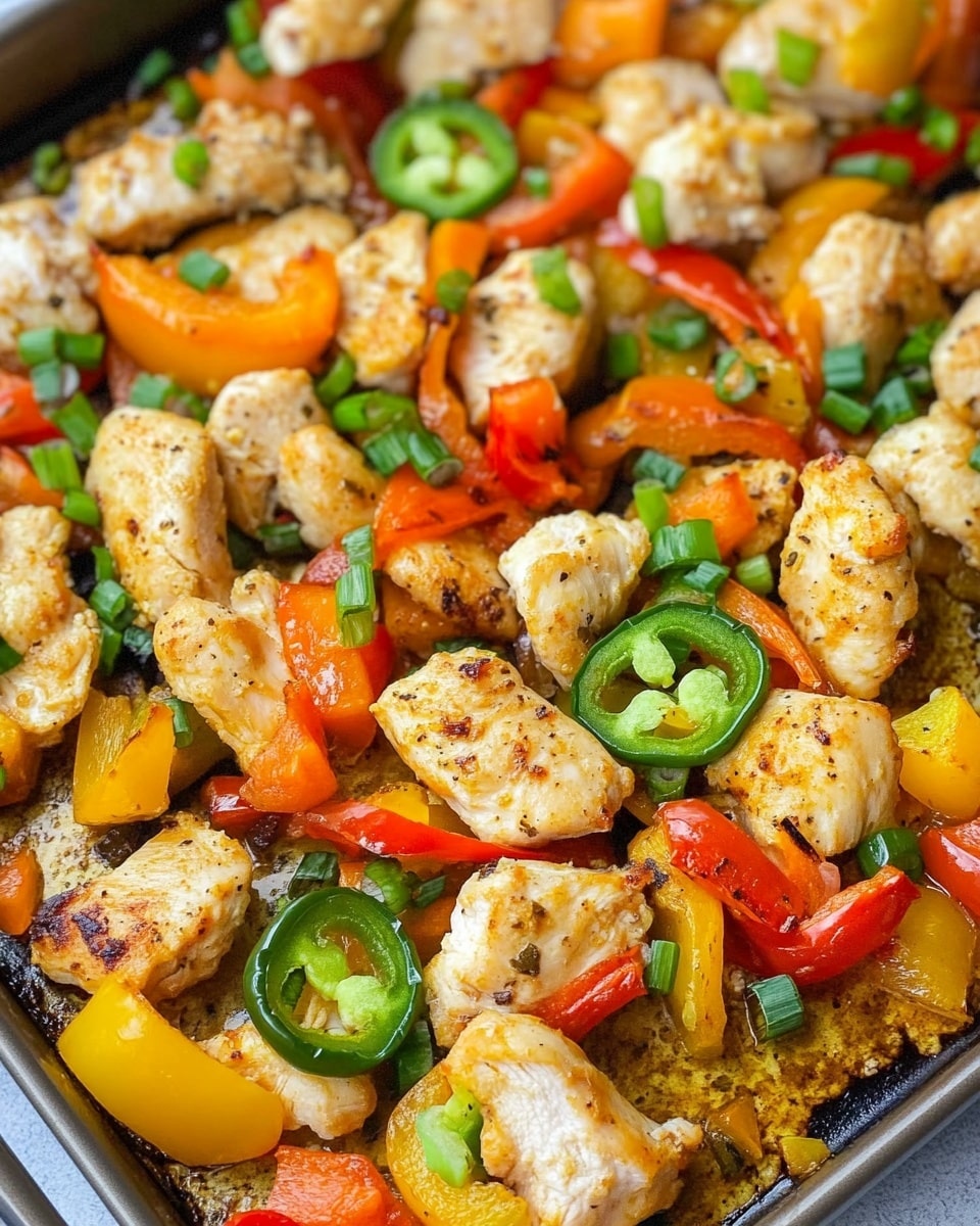 The image shows a metal baking tray filled with cooked chicken pieces and sliced bell peppers. There are three layers of ingredients: tender white chicken pieces with a light golden brown texture scattered across the tray, thin slices of orange and red bell peppers mixed evenly with the chicken, and small chopped green onions spread on top for garnish. The colors are bright and vibrant, with the peppers providing a sharp contrast to the chicken, and the green onions adding a fresh touch. The tray has a slight sheen from the cooking oil, and wooden tongs are partially visible at the bottom right corner. The whole scene is placed on a white marbled surface. photo taken with an iphone --ar 4:5 --v 6.1
