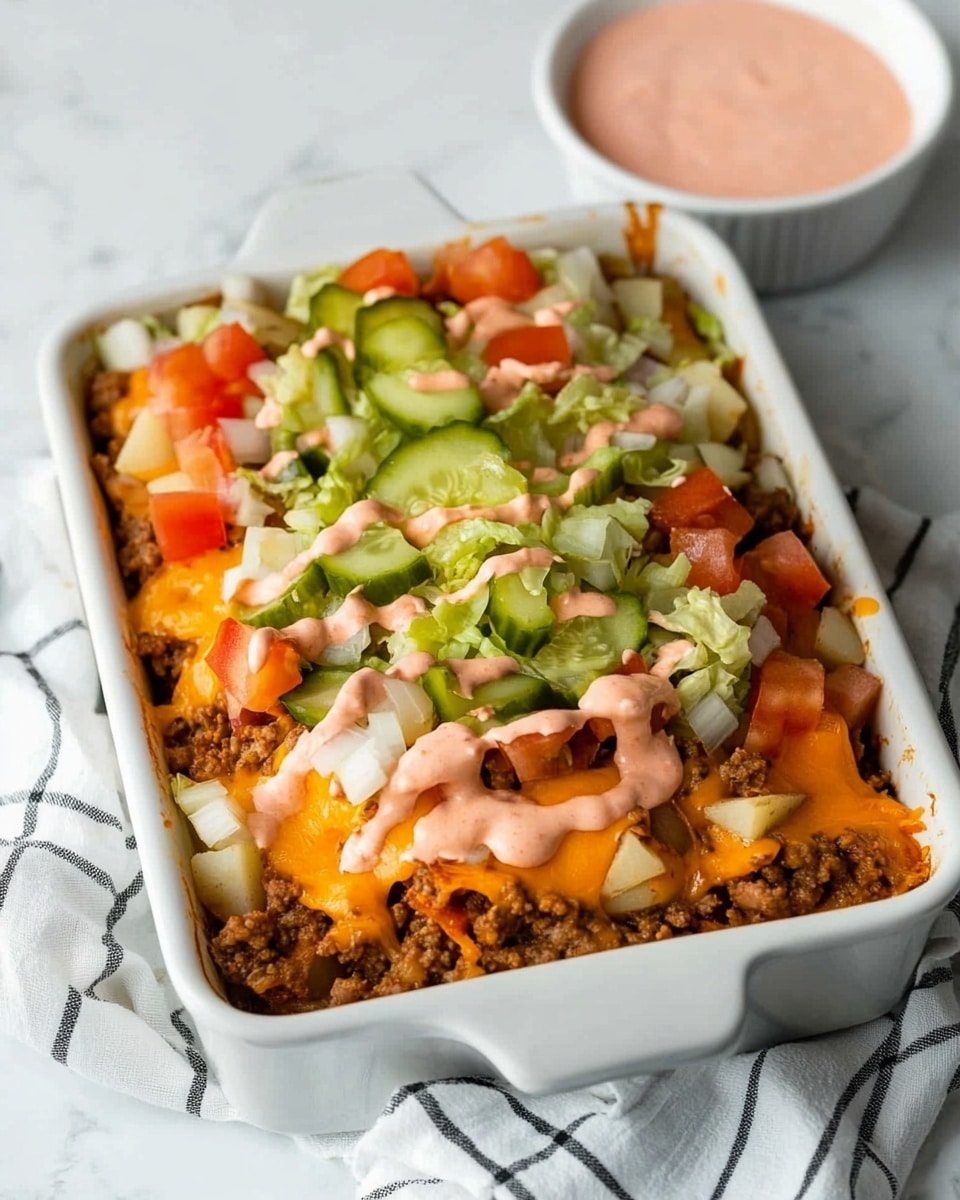 A white square baking dish holds a layered dish starting with a base of cooked ground meat and golden brown potatoes, topped with melted yellow cheese. Over the cheese are evenly spread thin slices of green pickles, fresh shredded light green lettuce, and small diced bright red tomatoes. There are small bits of white onion scattered on top, along with a creamy light orange sauce drizzled generously across the layers. In the background, a small white bowl filled with the same light orange sauce is partially visible, all set on a white marbled surface with a white cloth nearby. Photo taken with an iphone --ar 4:5 --v 6.1