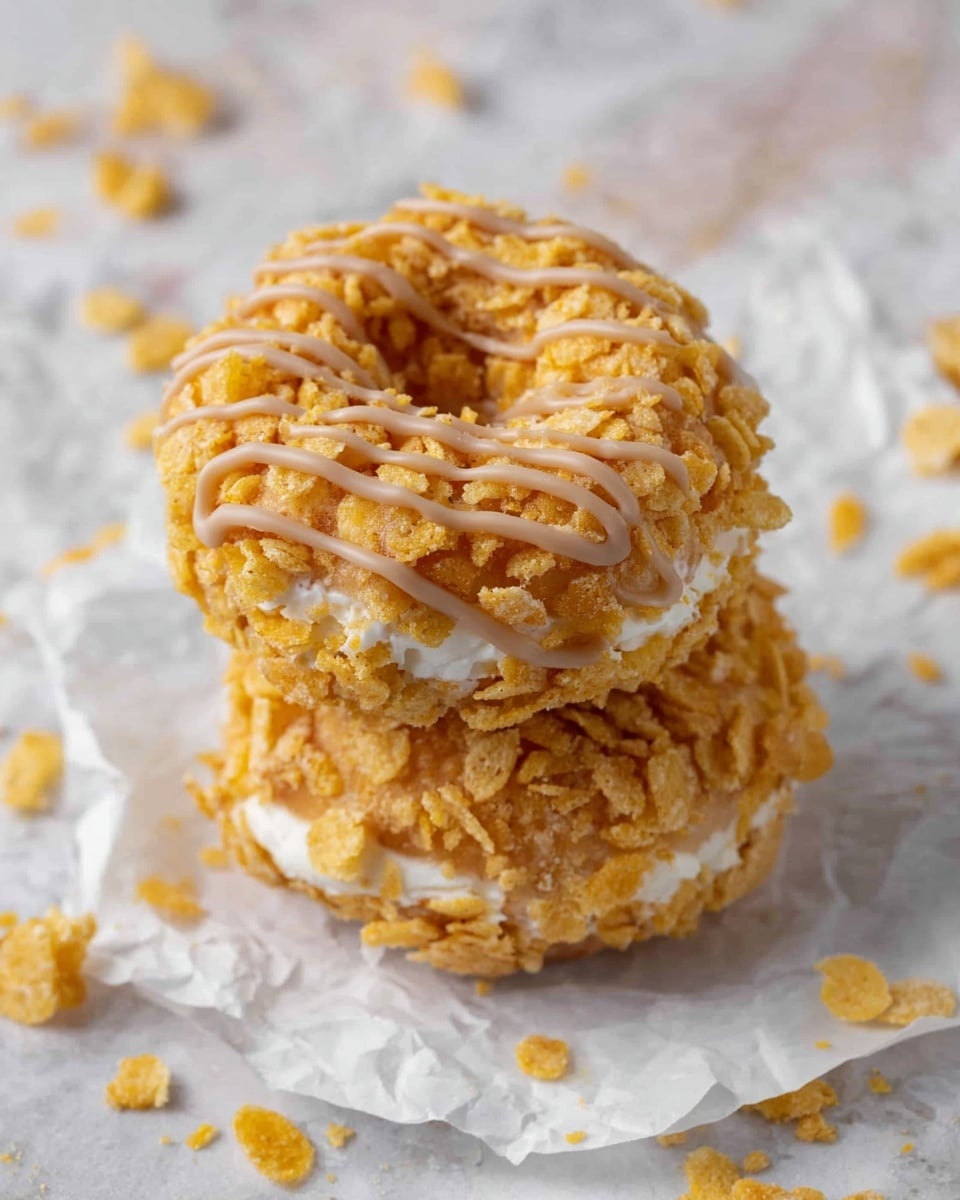 Two round, donut-shaped treats are stacked on a white marbled surface. Each treat has a rough texture made of a mix of cornflakes and a sticky white coating, which is visible in clumps between the cornflakes. Thin, caramel-colored lines are drizzled evenly across the top of both treats, adding a smooth contrast to the crunchy texture. Small scattered cornflakes and white pieces are around the stack. Photo taken with an iphone --ar 4:5 --v 7