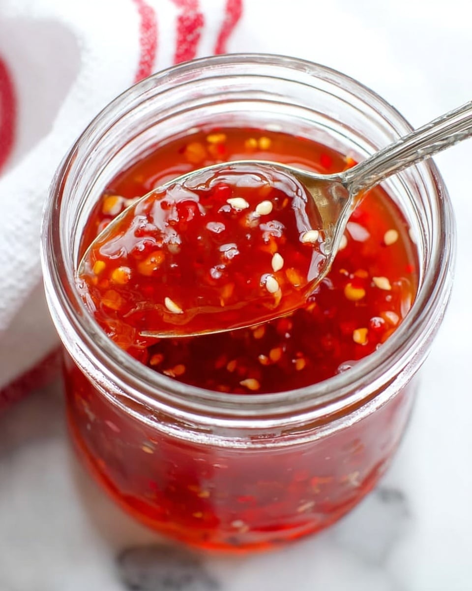 The image shows a glass jar filled with bright red chili sauce that has small white and red chili seeds floating throughout. A silver spoon rests inside the jar, holding some sauce with a shiny, smooth texture. The jar itself is clear with metal clasp details, placed on a white marbled surface with part of a red and white cloth visible at the top left corner. The sauce has a glossy look, hinting at a sticky but smooth consistency. photo taken with an iphone --ar 4:5 --v 7