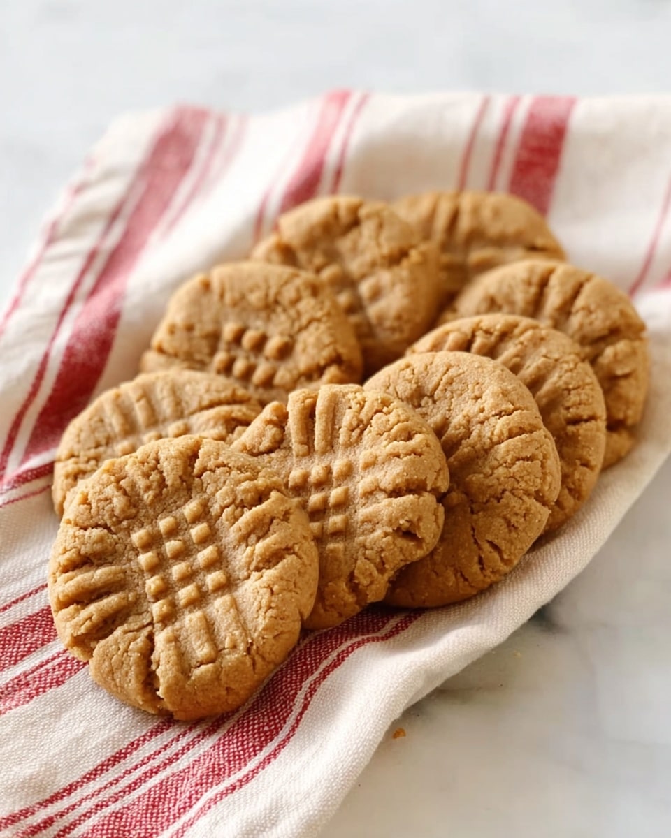 A stack of eight round peanut butter cookies with a slightly cracked texture and a fork-pressed pattern on top is placed in the center on a white marbled surface. To the right, two more cookies lie flat, showing the top and edge. A white cloth with red stripes frames the cookies in the foreground and reaches slightly behind the stack. The background is softly blurred, showing a wooden board with more cookies and a silver fork. Warm, soft light creates a cozy atmosphere. Photo taken with an iphone --ar 4:5 --v 7