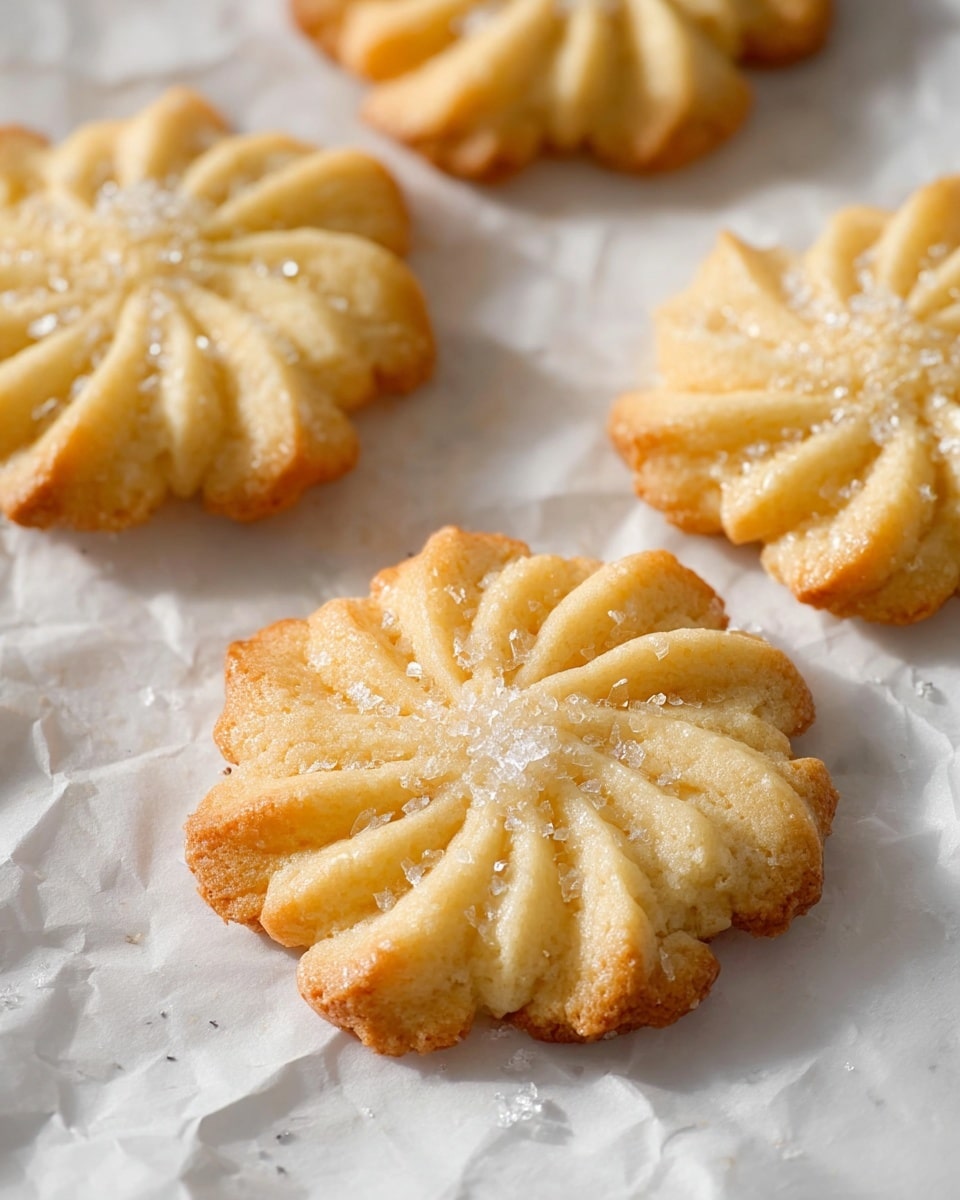 The image shows several light golden brown cookies shaped like flowers with twelve petals each, spread out on crinkled white parchment paper. Each cookie has a slightly darker edge, giving a crispy look, and a soft, textured center with visible folds creating a star-like pattern. Large sugar crystals are sprinkled over and around the cookies, adding a sparkling touch. The scene is lit softly, highlighting the crumbly texture of the cookies against the white marbled surface under the parchment paper. photo taken with an iphone --ar 4:5 --v 7