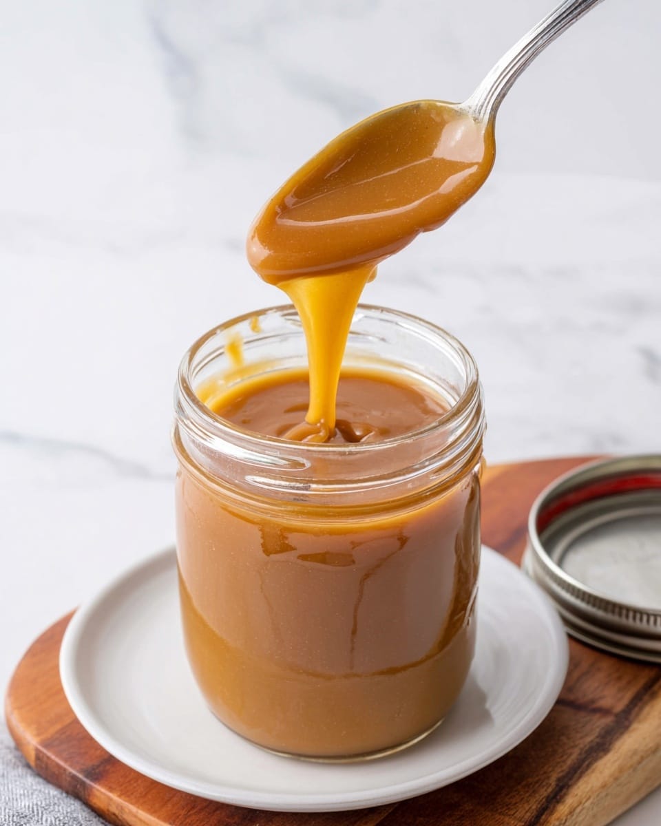 A clear glass jar filled with smooth, thick caramel sauce of rich golden brown color is placed on a white plate on a wooden board with a white marbled surface in the background. A silver spoon covered with the caramel sauce is held above the jar, letting some sauce drip back into it. The jar has a metal lid lying nearby. Photo taken with an iphone --ar 4:5 --v 7