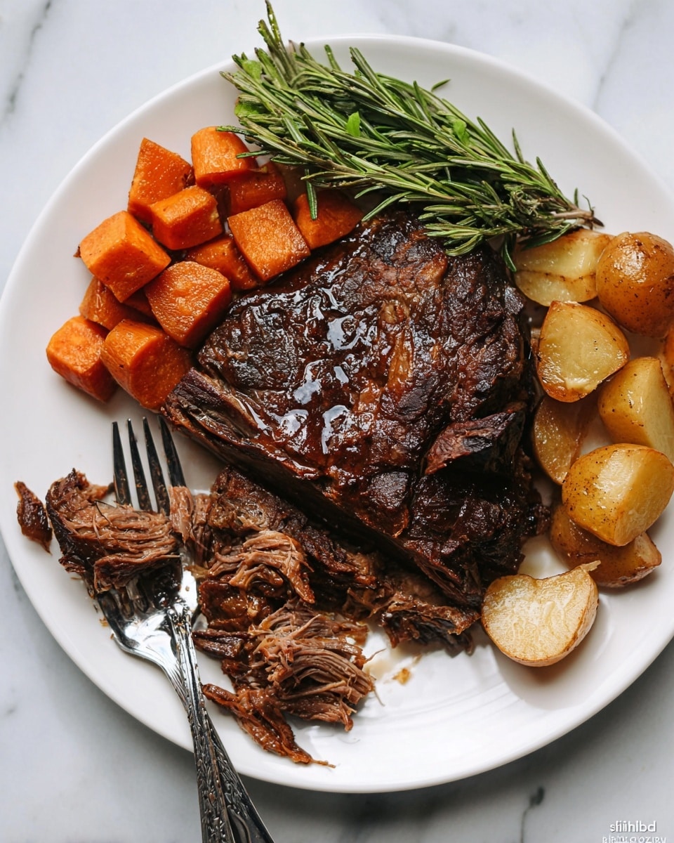 The image shows a white plate with a large piece of cooked meat in the middle, which is dark brown and shiny with a slightly crispy texture. On the left side, there are soft, orange carrot chunks, and a small bundle of fresh green rosemary is placed above the meat for decoration. On the bottom right of the meat, there are several light brown, cooked potato pieces with a soft texture. A fork with a dark handle holds some shredded meat at the bottom left part of the plate. The plate is set on a white marbled surface. Photo taken with an iphone --ar 4:5 --v 7