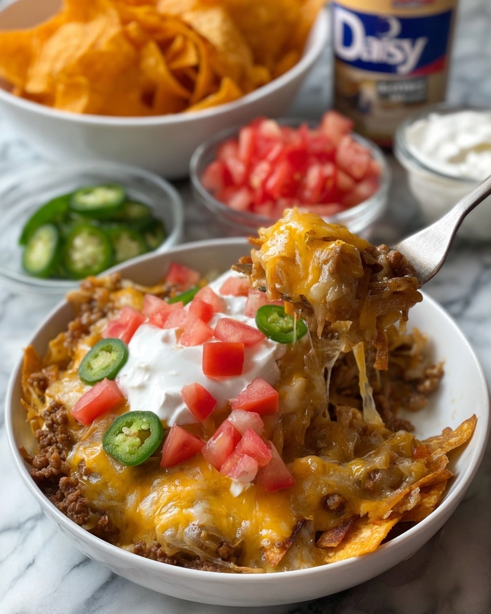 A white plate filled with a layered cheesy noodle dish topped with melted orange-yellow cheese, ground meat, and small chunks of red tomato scattered throughout; crunchy crushed orange chips are sprinkled on top, along with some green slices of jalapeño pepper. In the foreground, a fork lifts a generous bite, showing the gooey melted cheese stretching from the plate. Behind the plate are three small white bowls, one containing more orange chips, one with diced red tomatoes, and one with sliced green jalapeños. A container of sour cream sits in the background on a white marbled surface. Photo taken with an iphone --ar 4:5 --v 7