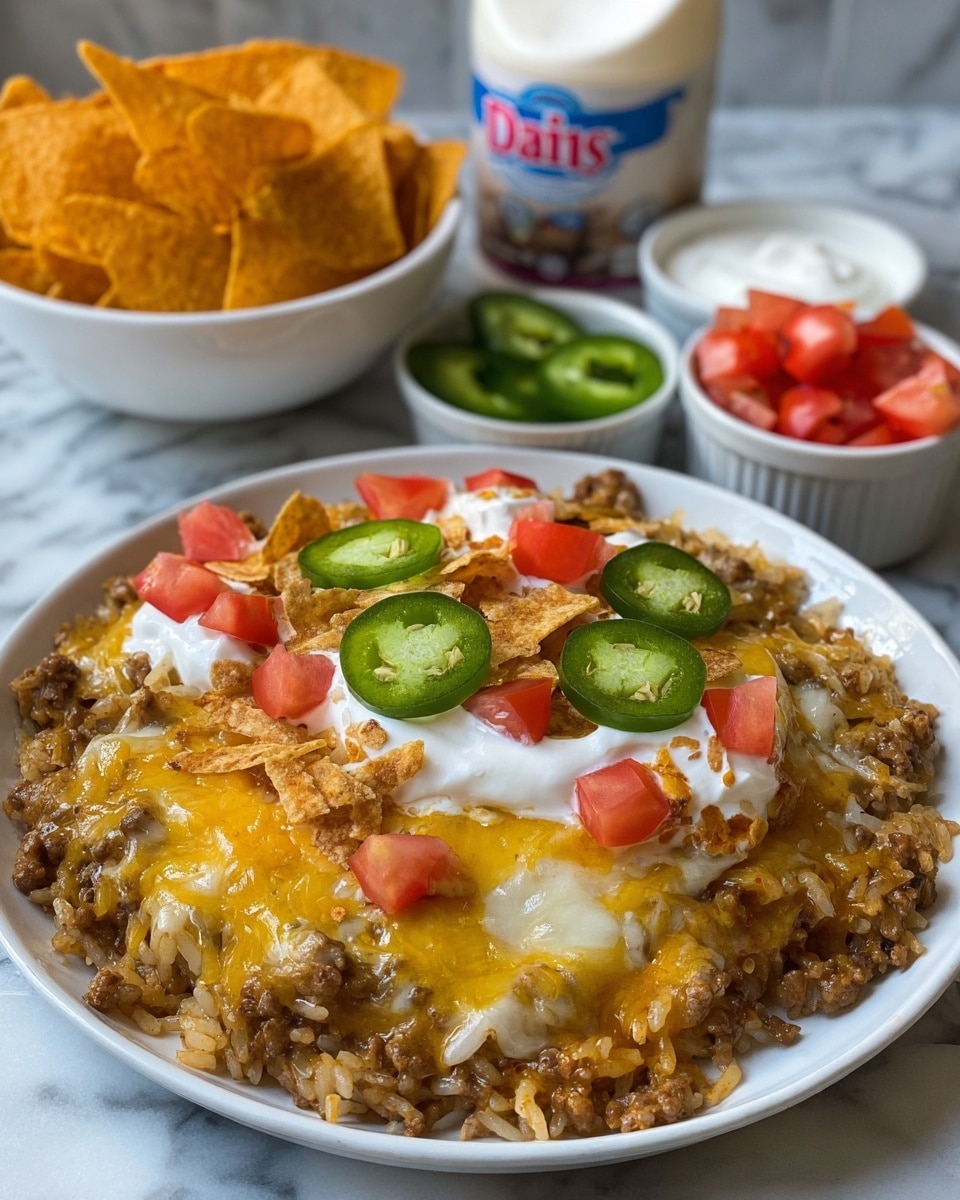 A white plate filled with a layered dish including a base of cooked rice mixed with browned ground meat and melted yellow cheese. On top, there are diced red tomatoes scattered around, several slices of green jalapeno peppers, a dollop of white sour cream in the center, and crushed orange corn chips sprinkled over everything. Behind the plate, a white bowl filled with intact corn chips, a small white bowl with diced fresh tomatoes, and a small white bowl with additional sliced jalapenos are placed on a white marbled surface. A container of light sour cream stands at the back. Photo taken with an iphone --ar 4:5 --v 7