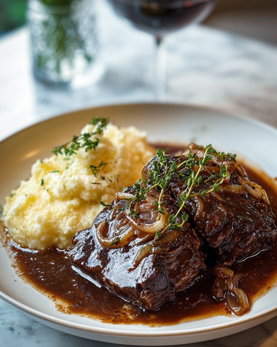 A white plate holds two main parts: on the left, there are three scoops of smooth, creamy mashed potatoes topped with a small green herb sprig; on the right, thick slices of dark brown cooked beef are covered with rich, glossy brown sauce containing soft caramelized onion slices, and fresh green thyme sprigs lay on top. The plate is set on a white marbled surface with a blurred background showing a fork resting behind the beef and a glass with dark red liquid on the upper right side, photo taken with an iphone --ar 4:5 --v 7