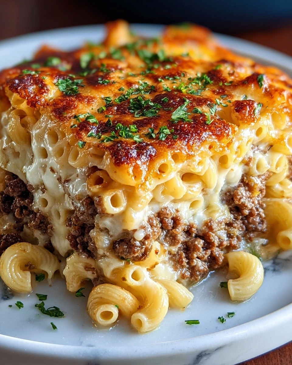 A close-up view of a layered baked pasta dish on a white plate, showing at least three layers: the bottom layer has small curved pasta tubes mixed with browned ground meat, the middle layer contains melted white cheese blending with the pasta and meat, and the top layer has a golden-brown cheese crust with dark brown spots and green herb sprinkles spread evenly, all resting on a white marbled surface. photo taken with an iphone --ar 4:5 --v 7