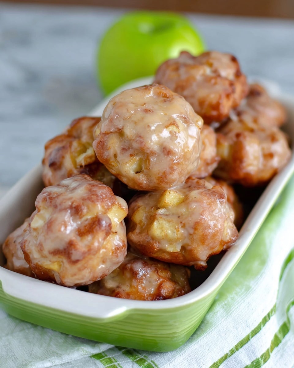 A green oval dish filled with many small round glazed apple fritters, each fritter showing a light golden-brown color with glossy icing covering the surface. The fritters have small bits of apple visible inside and some darker toasted spots on top. The dish sits on a white and green striped cloth on a white marbled surface, with a green apple in the blurred background. photo taken with an iphone --ar 4:5 --v 7