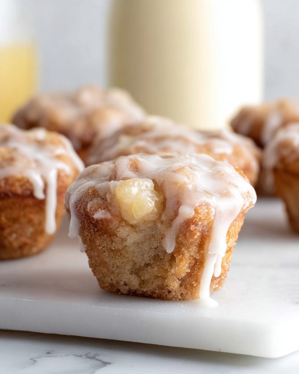 The image shows a close-up of a small muffin on a white marble surface. The muffin has two main layers: the base is a soft, light brown cake with visible bits of apple or fruit inside, and it is topped with a thin, shiny white glaze that drips slightly down the sides. The texture of the muffin looks moist and spongy, with a slightly rough surface under the smooth glaze. In the background, there are three more muffins, slightly out of focus, all with the same glaze. The colors are warm with soft lighting, and the overall setting is clean and simple. photo taken with an iphone --ar 4:5 --v 7