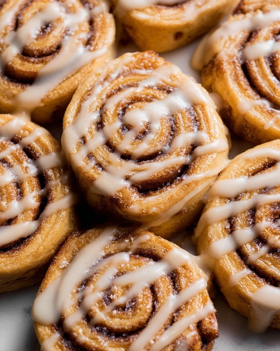 A stack of three round cinnamon rolls sits on a wooden surface with a white marbled texture. Each roll has a light brown dough base with a dark brown cinnamon swirl in the middle. The top roll in the stack is partially eaten, showing its soft and moist inner layers, and it is topped with a thick white icing spread unevenly on top. Surrounding the stack, there are more rolls with similar spiral patterns and white icing on some. Small crumbs are scattered around the rolls, adding a natural look. photo taken with an iphone --ar 4:5 --v 7
