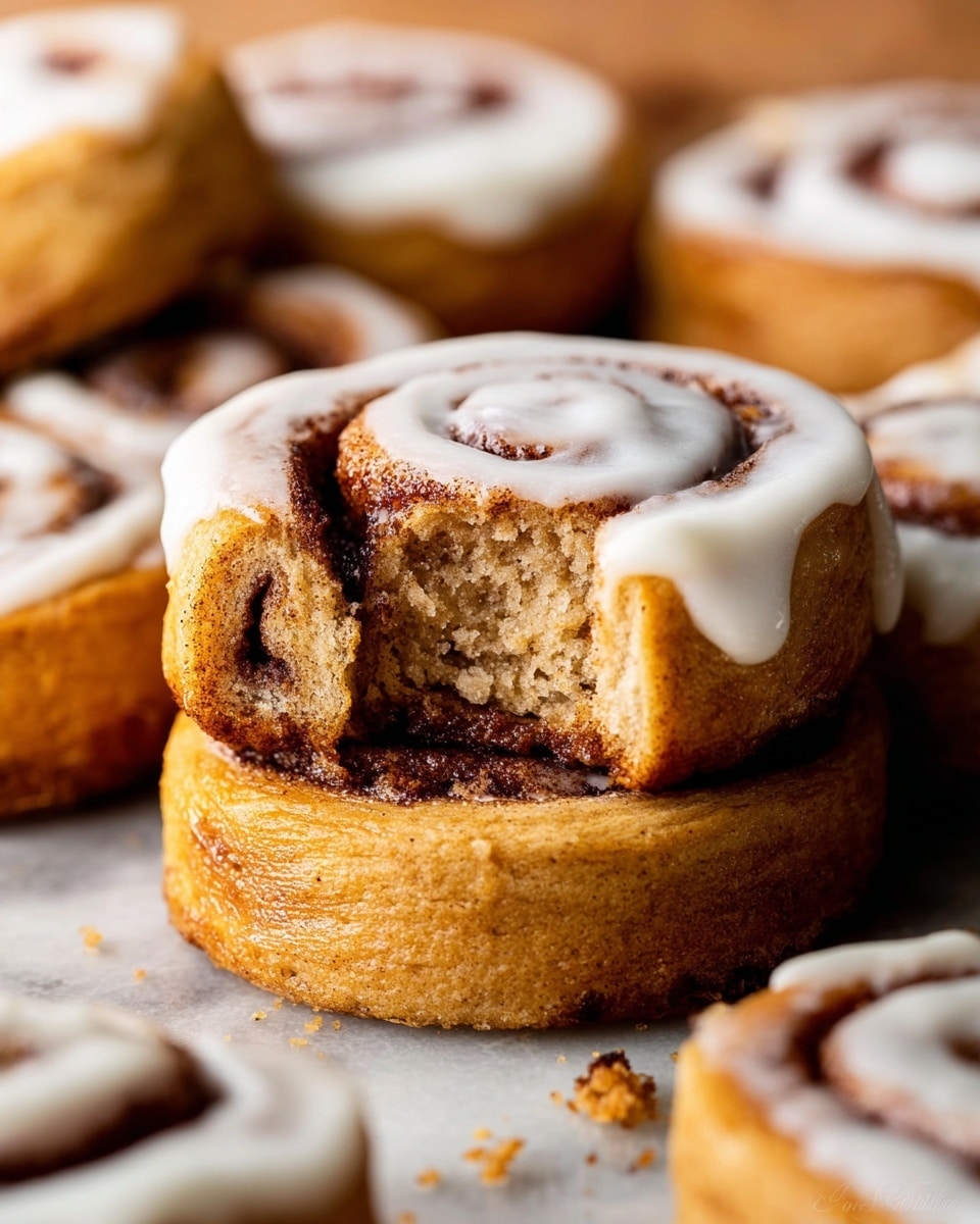 The image shows many small cinnamon rolls, arranged close together in a tight pile. Each roll has two main layers: a light brown dough layer that forms the outer spiral and a darker cinnamon sugar layer inside the spiral. A drizzle of beige icing runs unevenly over the top of every roll, adding a shiny texture to the surface. The rolls look soft and fresh with visible cinnamon specks, and the background is a white marbled texture. photo taken with an iphone --ar 4:5 --v 7
