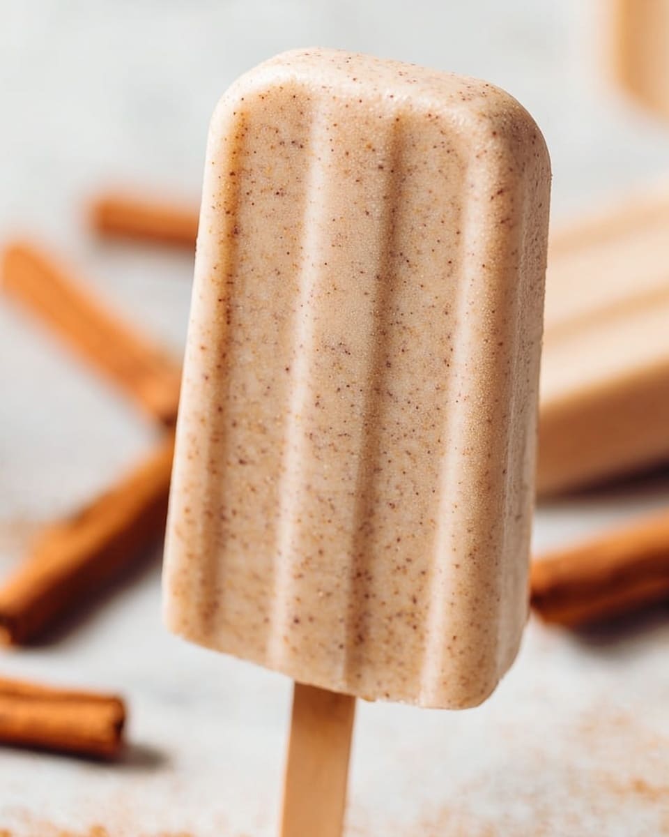 A close-up image of a single light brown frozen popsicle with a smooth texture, held by a woman's hand gripping a wooden stick at the bottom. The popsicle is rectangular with rounded edges and looks creamy with tiny specks visible on its surface. The background features a white marbled texture with blurry cinnamon sticks scattered around, creating a warm and cozy atmosphere. photo taken with an iphone --ar 4:5 --v 7