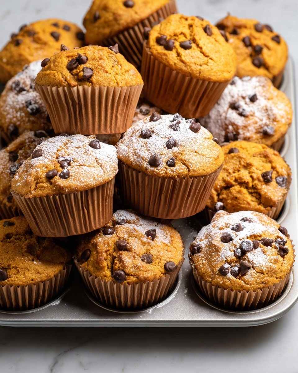 A group of small, golden-brown muffins with dark chocolate bits baked inside are arranged closely together in a metal muffin tray over a white marbled surface. Some muffins sit in the tray with ridged light brown paper wrappers touching the edges, while a few are slightly lifted or balanced on top, giving the scene a layered, three-dimensional look. A light dusting of white powdered sugar is sprinkled over a couple of the muffins, enhancing the texture of their cracked and soft tops. The colors are warm and inviting, with the chocolate pieces contrasting with the orange-brown muffin body. Photo taken with an iphone --ar 4:5 --v 7