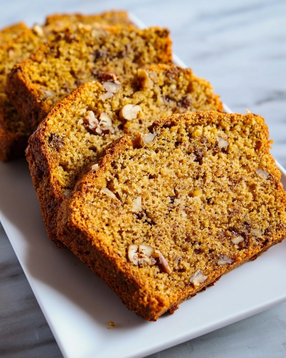 The image shows several slices of orange-brown cake with visible pieces of nuts and dark bits inside, arranged in a row on a white rectangular plate. The cake slices have a soft, crumbly texture with small holes throughout. The edges of the slices are darker and more firm. The top is slightly bumpy with a golden crust. The plate is placed on a white marbled surface. photo taken with an iphone --ar 4:5 --v 7