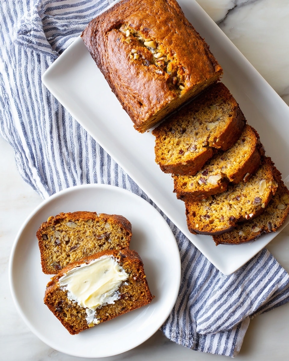 A white rectangular plate holds a loaf of brown bread with a slightly cracked top, partly sliced to show three thick pieces in front, each with a dense texture and small nut pieces inside. Next to the plate, there is a small white round plate with one slice of the same bread spread with melted butter, showing a creamy, uneven layer on top. A blue and white striped cloth is placed near the round plate, all set on a white marbled textured surface. photo taken with an iphone --ar 4:5 --v 7