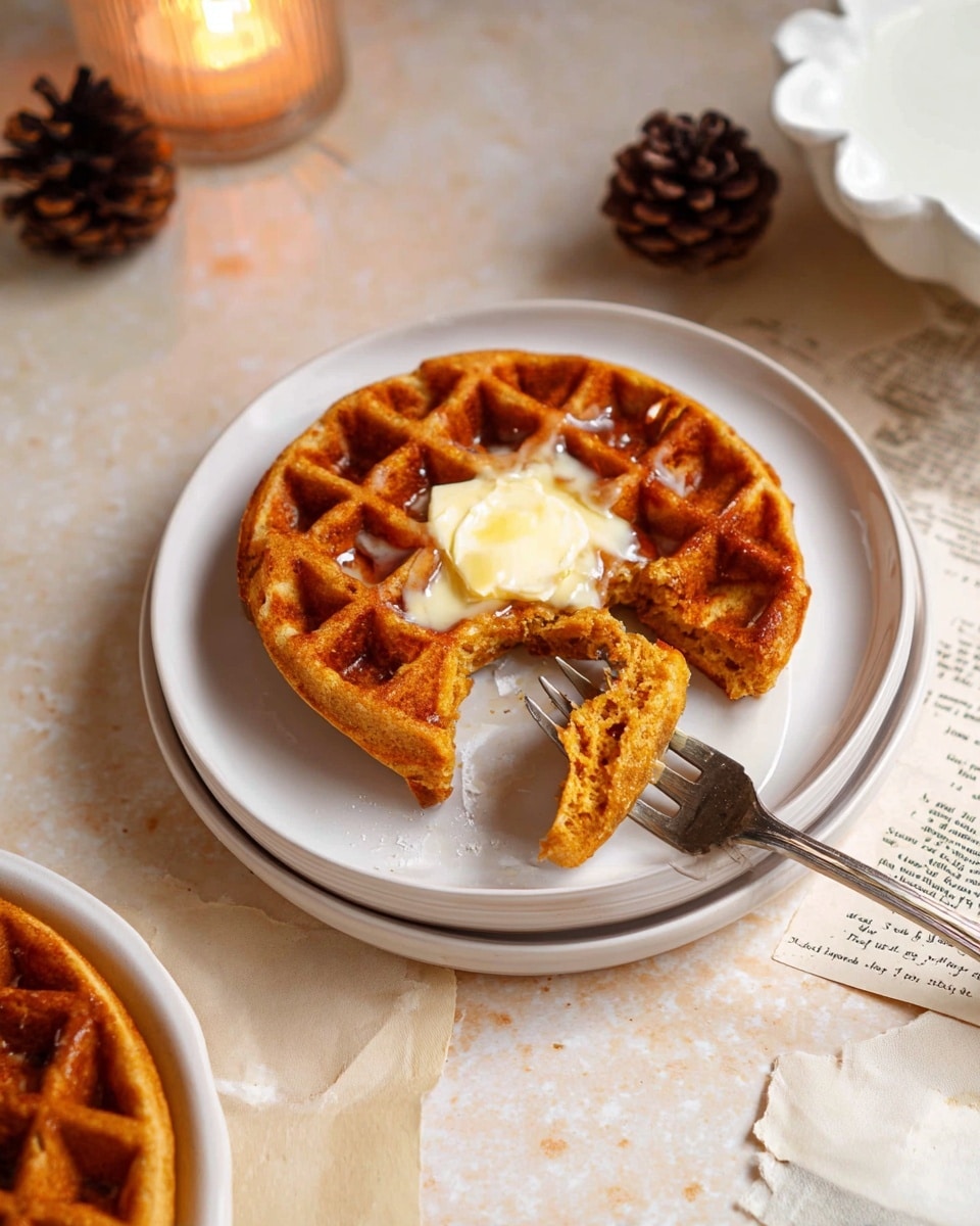 A single, thick golden-brown waffle with a textured grid pattern sits at the center of a small white plate. On top, a melting pat of pale butter softens in the waffle’s pockets. Part of the waffle has been lifted slightly by a silver fork, showing its fluffy, dense inside texture. The plate rests on a white marbled surface next to a folded vintage recipe paper, with a glass of milk and a brown bowl visible in the background. The scene is softly lit, focusing attention on the warm waffle, with a pine cone placed nearby. Photo taken with an iphone --ar 4:5 --v 7