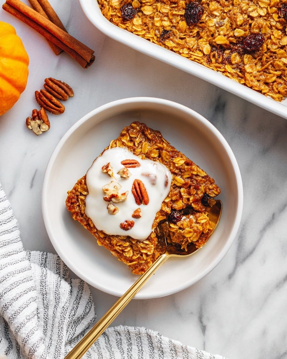 The image shows a square piece of baked oatmeal with visible oats, nuts, and dark raisins on top, giving it a textured and golden-brown look. The oatmeal has one main thick layer. On top of the oatmeal sits a dollop of white yogurt or cream, sprinkled with small pieces of nuts. The oatmeal piece is on a white plate set on a white marbled surface. A gold spoon beside the oatmeal holds a small bite-sized portion of the dish. In the background, there is a white rectangular dish filled with more of the baked oatmeal, cinnamon sticks, and a striped cloth napkin beside the plate. Photo taken with an iphone --ar 4:5 --v 7