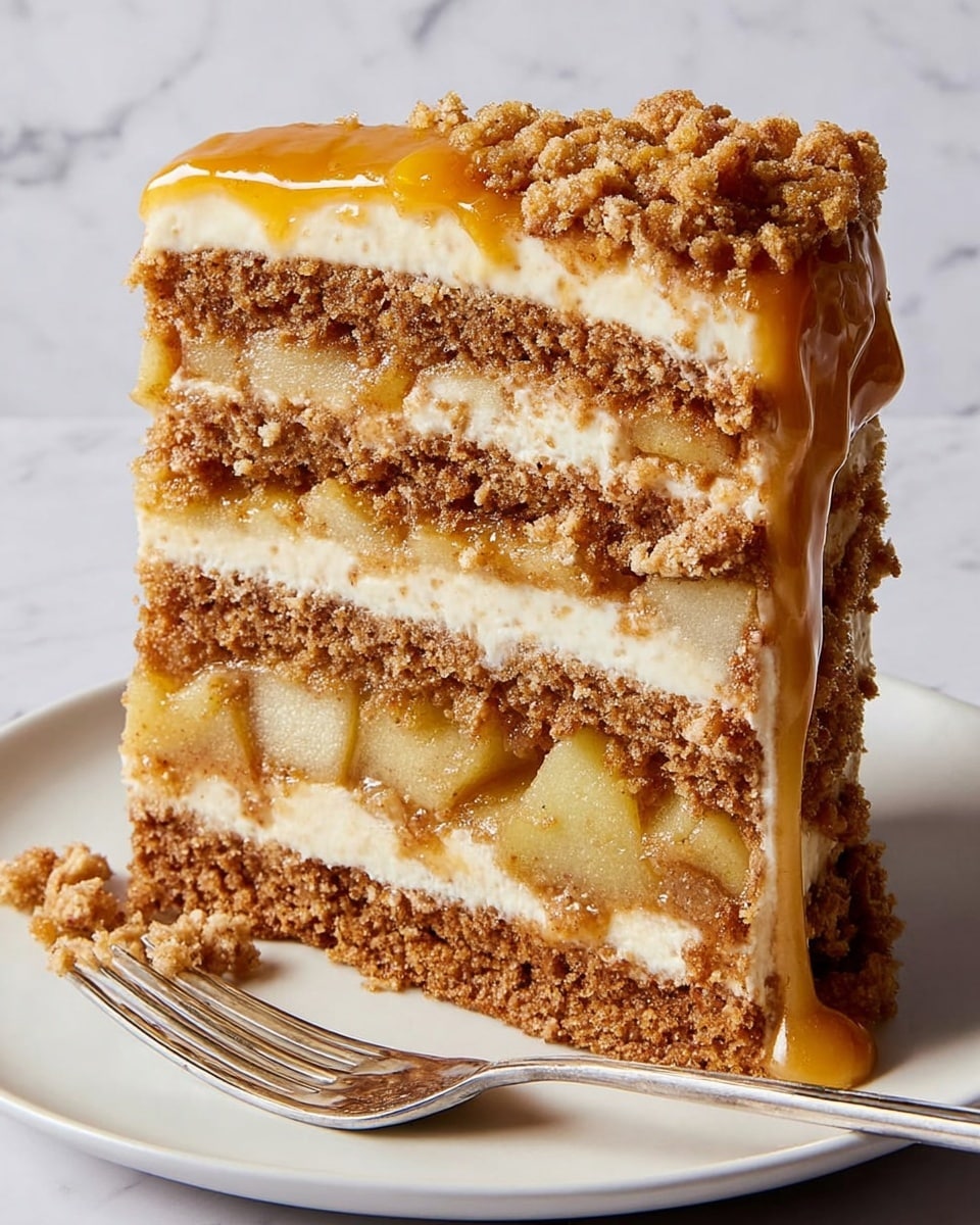 A tall slice of layered cake sits on a white plate on a white marbled surface. The cake has four thick layers of light brown, fluffy sponge. Between the sponge layers, there are creamy off-white frosting layers with chunks of cooked apple and a few pieces of crumbly topping. The top of the cake is finished with a smooth layer of frosting covered by crunchy golden brown crumbs and a thick drizzle of glossy caramel sauce dripping down the side. A silver fork rests on the plate near the cake with a small piece of apple on the plate near the fork. Photo taken with an iphone --ar 4:5 --v 7