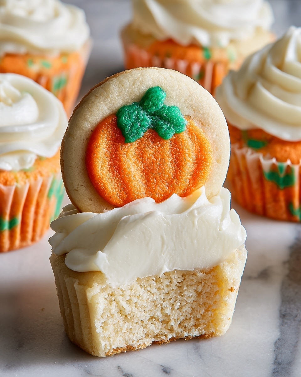 The image shows a close-up of a cookie sandwich with three layers. The top layer is a round, soft cookie decorated with an orange pumpkin and green leaves. The middle layer is thick and creamy, light beige in color with a smooth texture. The bottom layer is another soft cookie with visible orange and green spots. The cookie sandwich rests on a white marbled surface, with some orange cookie crumbs scattered nearby. In the background, more cookie sandwiches are placed inside white paper cupcake liners, each topped with a swirl of white cream and a round cookie decorated with the same pumpkin design. The photo taken with an iphone --ar 4:5 --v 7