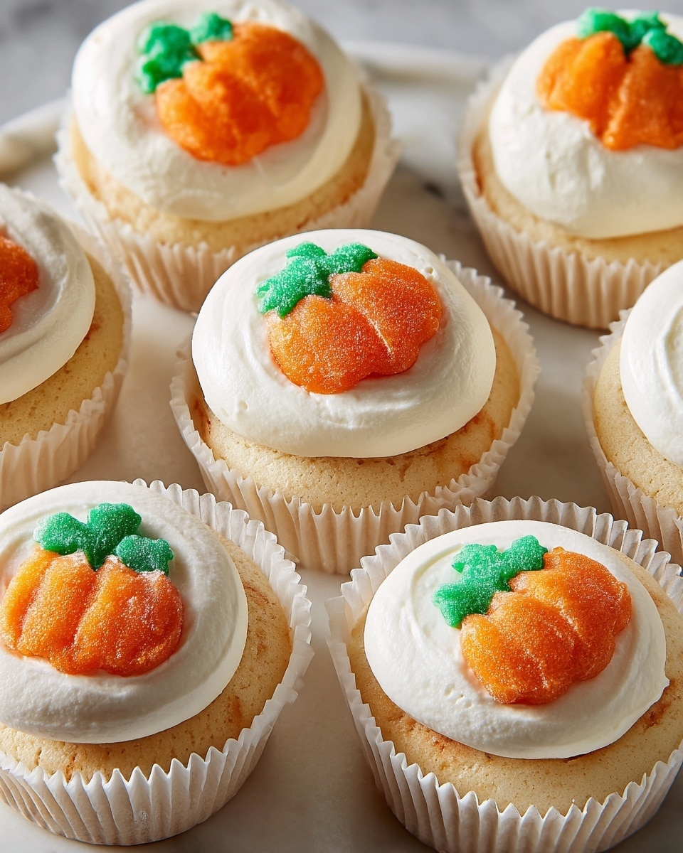 The image shows several small dessert cups, each with two layers. The bottom layer is a soft, light yellow cake with a printed orange and green pumpkin shape on top. The cake pieces are shaped like rounds and placed in white paper cups. On top of the cake is a thick, smooth swirl of white cream that looks soft and fluffy, covering about half of the cake layer. These dessert cups are all arranged on a white marbled surface. photo taken with an iphone --ar 4:5 --v 7