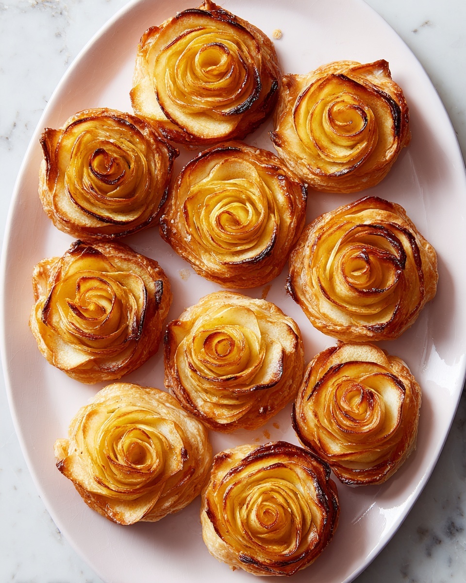 Five apple pastries shaped like roses sit closely together on a white plate. Each pastry has multiple thin, slightly browned layers of flaky dough wrapped around delicate apple slices that are golden yellow with edges browned from baking. The apple slices form petal shapes, spiraling from the center to the edges. Coarse sugar crystals sparkle on top of the pastries, adding texture and shine. The plate rests on a white marbled surface with soft light highlighting the glossy, warm tones of the pastries. photo taken with an iphone --ar 4:5 --v 7