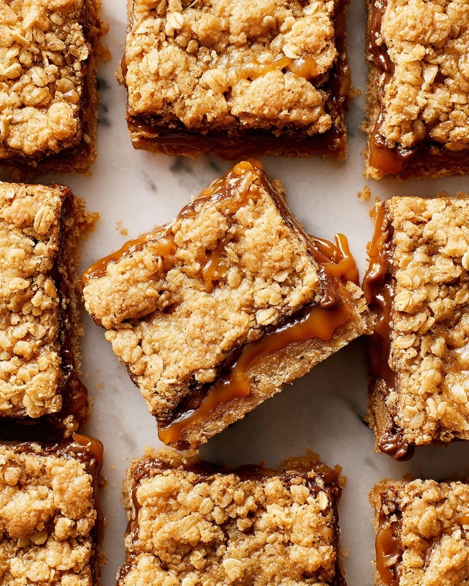 The image shows a close-up of nine square oatmeal bars arranged tightly together on a white marbled surface. Each bar has a crumbly, golden-brown oat topping that looks textured with visible whole oats. The middle layer is thick and sticky, in a dark caramel color, which is slightly oozing out between the crumb layers. The bars have rough edges with small oat pieces breaking up around the borders, and one bar in the center is slightly tilted to show the gooey middle. photo taken with an iphone --ar 4:5 --v 7