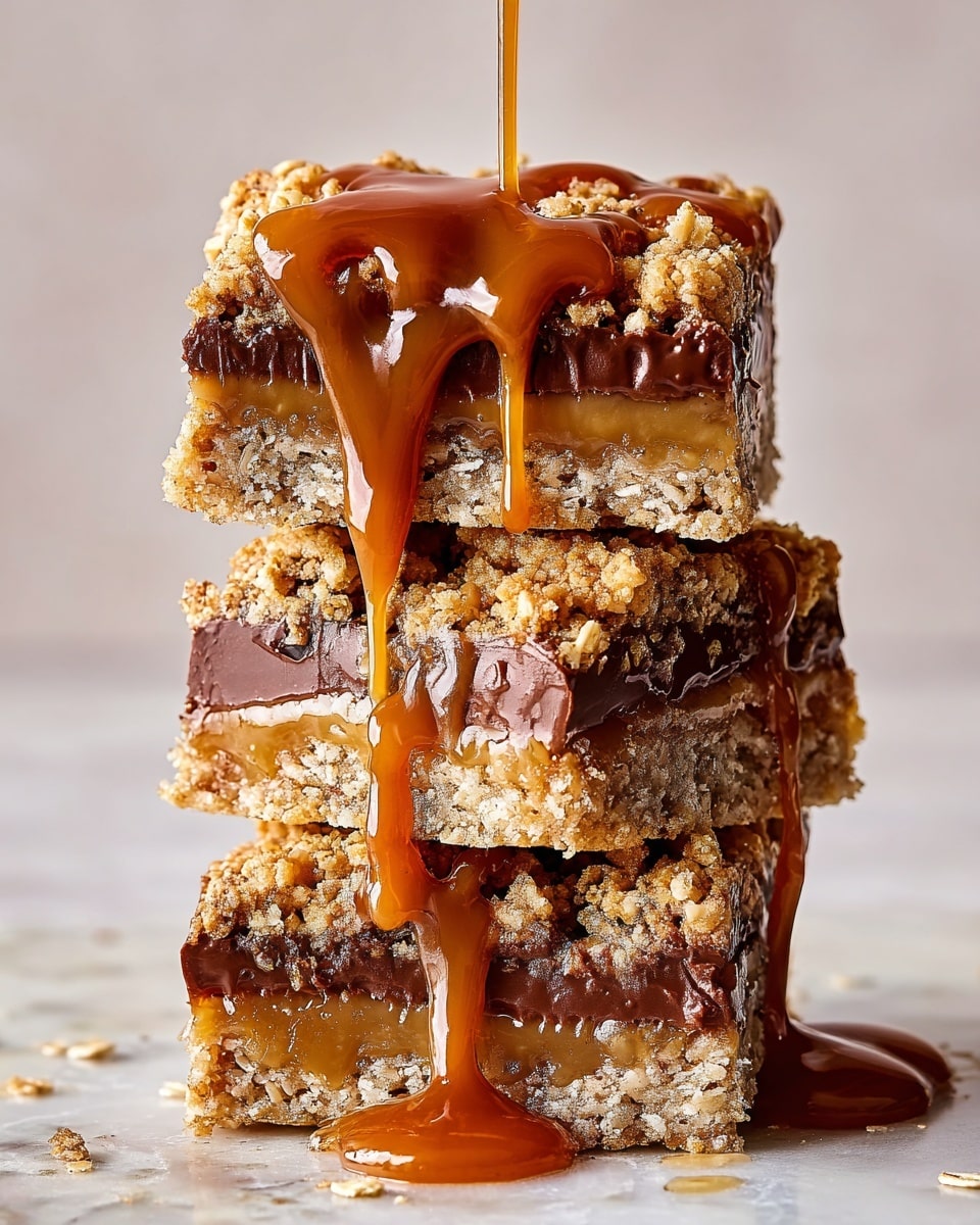 A stack of three thick dessert bars with three visible layers is shown. The bottom and top layers are golden brown and crumbly with oats and textured bits, giving a crunchy look. The middle layer is rich and glossy dark chocolate, thickly spread and slightly melted at the edges. Sticky caramel sauce is dripping down from the top bar and over the sides, pooling lightly at the base in a warm amber color. The bars sit directly on a white marbled surface with some crumbs scattered around. The background is soft and light, putting full focus on the details of the bars and caramel dripping. Photo taken with an iphone --ar 4:5 --v 7