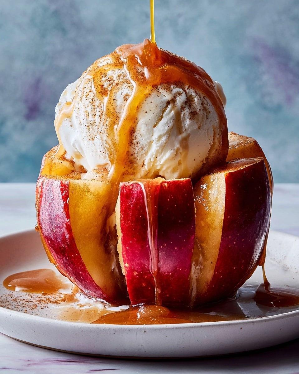 Two roasted apples sit side by side on a white plate, each apple sliced vertically but still whole with the slices pulled slightly apart. The apples have a warm, golden-brown skin with a shiny glaze that looks sticky and sweet. On top of each apple, there is a large scoop of creamy, pale yellow ice cream that appears soft and smooth, slightly melting down the sides of the apples. Light caramel sauce is drizzled over the ice cream and apples, adding a rich, glossy, amber color that pools slightly on the white marbled textured surface beneath the plate. photo taken with an iphone --ar 4:5 --v 7