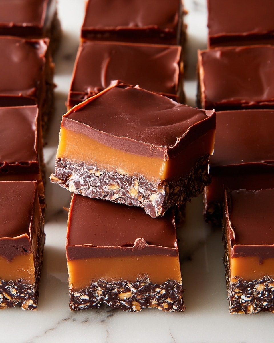 The image shows multiple square pieces of a three-layer chocolate treat arranged closely together on a white marbled surface. Each piece has a textured, dark chocolate base with small crisp bits visible, a smooth layer of caramel in the middle with a shiny golden-brown color, and a glossy, thick layer of milk chocolate on top, creating a rich, smooth finish. The edges of the pieces are clean with some slight irregularities in the caramel layer, and the lighting highlights the smoothness of the top chocolate layer. Photo taken with an iphone --ar 4:5 --v 7