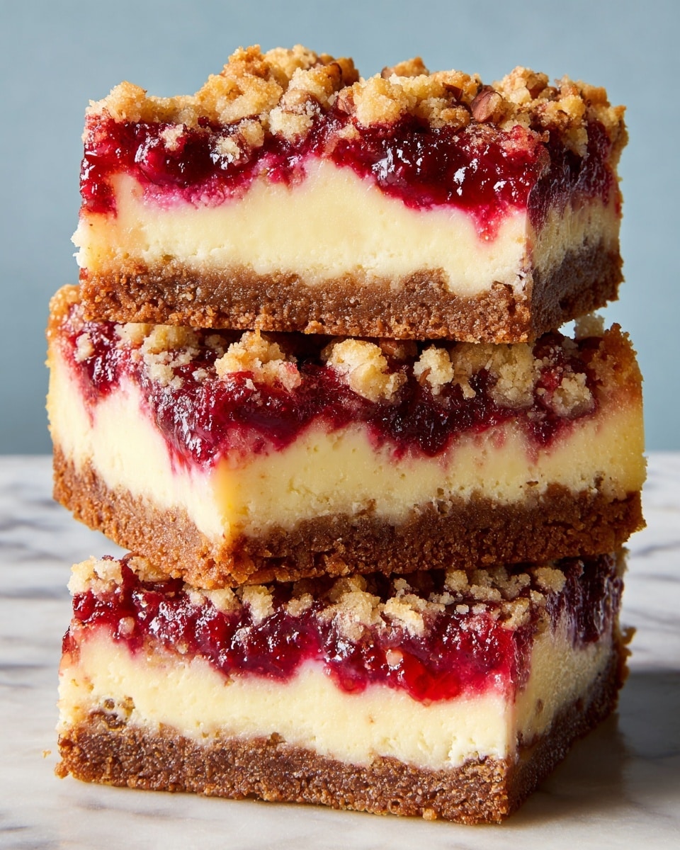The image shows nine square dessert bars arranged on a white marbled surface, with one piece slightly tilted on top of the others in the middle. Each bar has three layers: a light golden base with a firm texture, a thick middle layer of bright red berry filling that looks shiny and slightly sticky, and a crumbly, golden-brown streusel topping studded with chopped nuts, giving it a rough and textured look. Small crumbs are scattered around the bars, enhancing the rustic appearance. Photo taken with an iphone --ar 4:5 --v 7