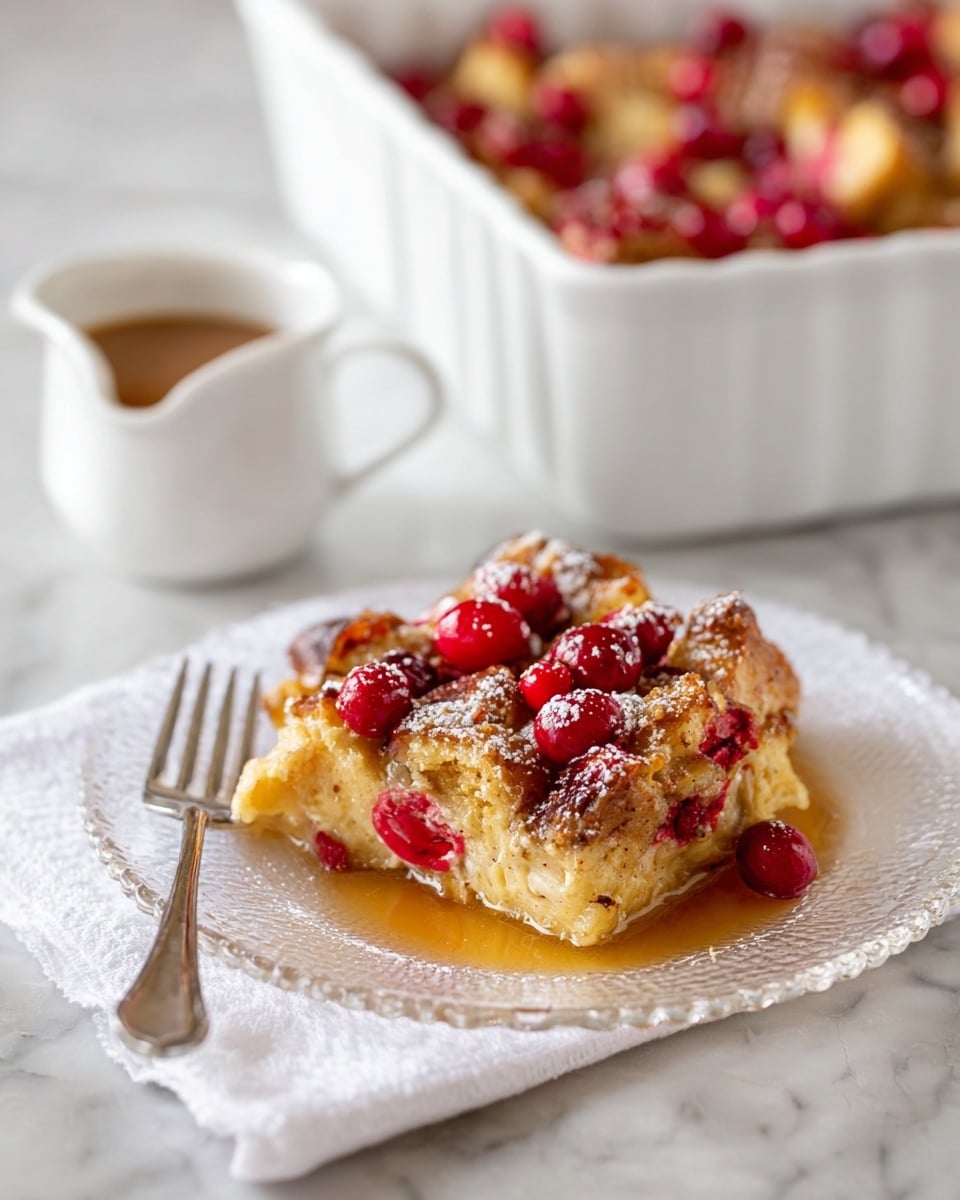 A clear glass plate holds a slice of bread pudding topped with bright red cranberries and a light dusting of powdered sugar, with some syrup pooling slightly around the edges. The bread pudding itself is golden brown with a soft, slightly crusty texture and visible pieces of baked bread within. Resting next to the plate is an old-fashioned silver fork. In the background, a white baking dish filled with more of the same bread pudding topped with cranberries is slightly out of focus on a white marbled surface. To the right, a small beige cup with brown coffee or tea completes the scene. Photo taken with an iphone --ar 4:5 --v 7