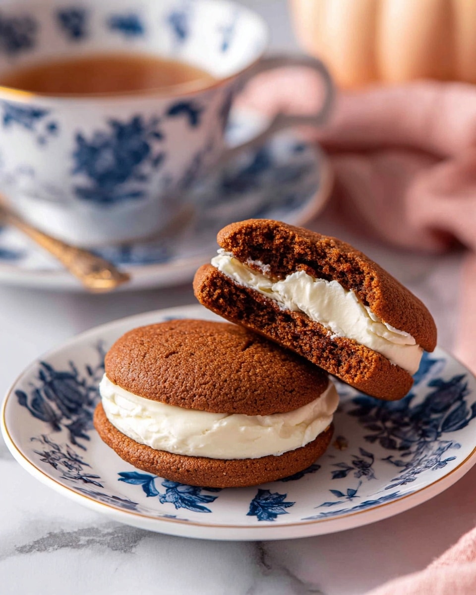 A soft brown cookie split in half shows a thick layer of white cream filling between the two pieces, placed on a small white plate with blue floral patterns. In the background, there are more cookies on a matching blue and white plate and a cup of coffee or tea with a similar blue and white design, all set on a white marbled surface. A pink cloth is partially visible near the bottom left. The scene is warm and inviting, highlighting the texture and creamy filling of the cookie. photo taken with an iphone --ar 4:5 --v 7