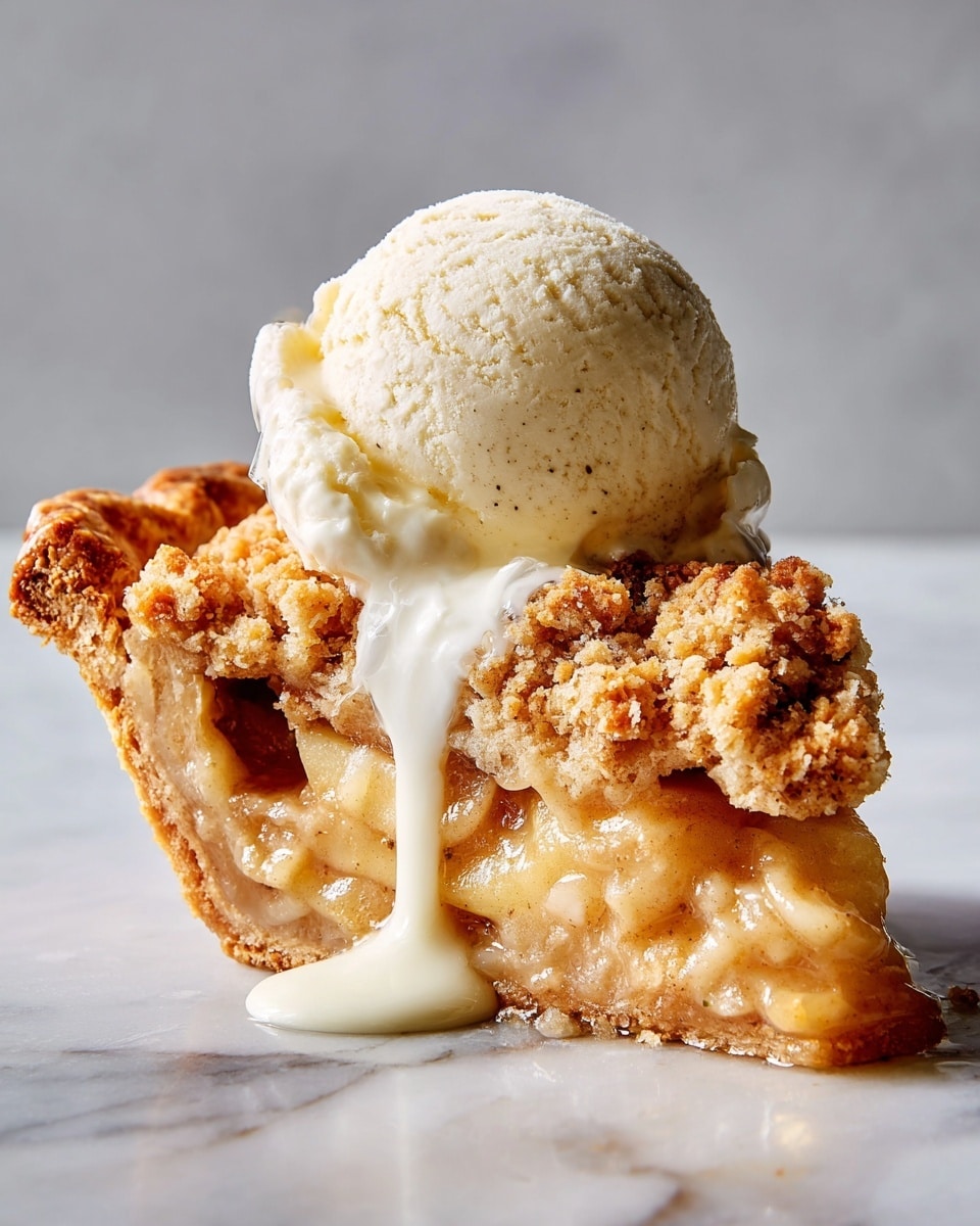 A slice of apple crumble pie sits on a white plate with a scoop of vanilla ice cream on top, melting slightly and showing small black vanilla bean specks. The slice shows three layers: a golden-brown crumbly topping with coarse texture on top, a thick middle layer of soft, cooked apple pieces in light amber color, and a pale crumbly pie crust at the bottom. The slice is positioned near the edge of the plate with crumbs scattered around. Next to the plate is a set of shiny silver forks on a white marbled surface. In the background, a glass pie dish holds the rest of the pie with a missing slice, showing the same layered details and a crumbly top. photo taken with an iphone --ar 4:5 --v 7