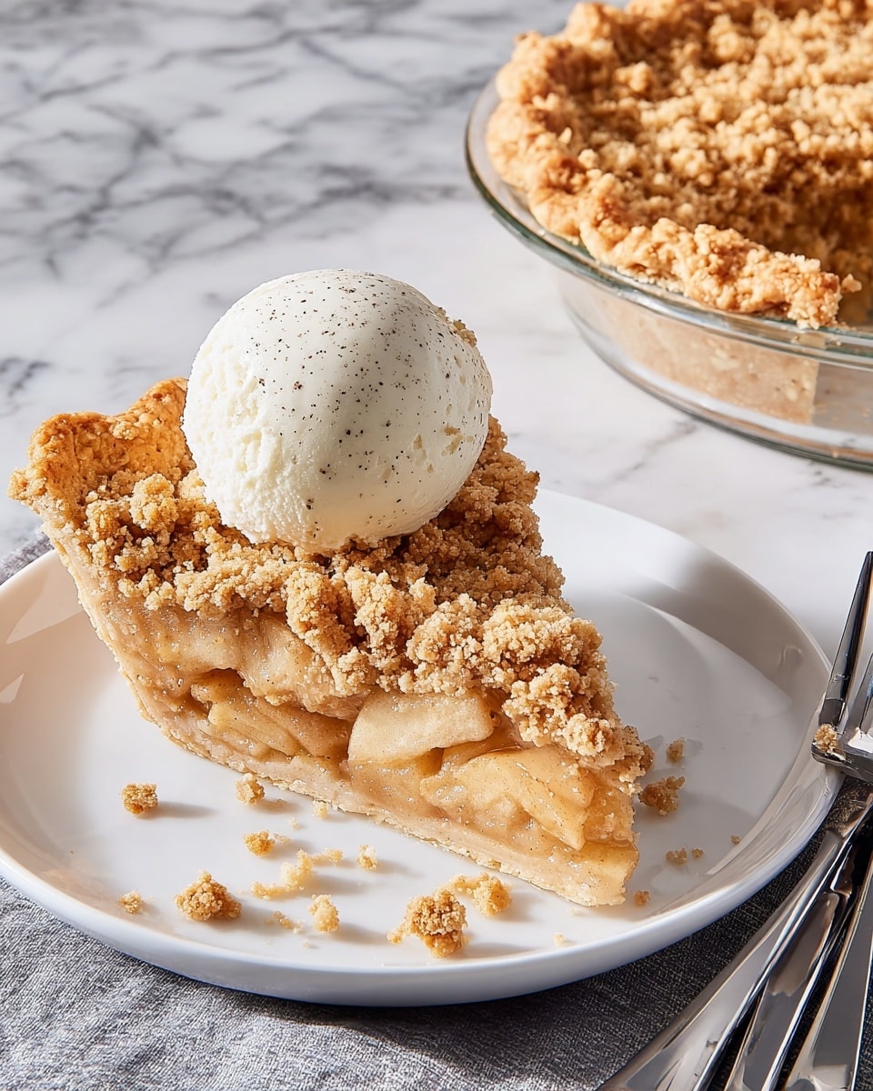 A slice of pie sits on a white marbled surface, showing three layers: a golden brown flaky crust at the base with a slightly crumbly edge, a thick, soft, pale beige apple filling in the middle that looks juicy, and a crumbly, rough-textured golden streusel topping. On top of the pie slice is a large scoop of white vanilla ice cream, melting slightly and dripping down the side of the pie onto the surface below. The background is simple and light gray, keeping the focus on the pie. Photo taken with an iphone --ar 4:5 --v 7
