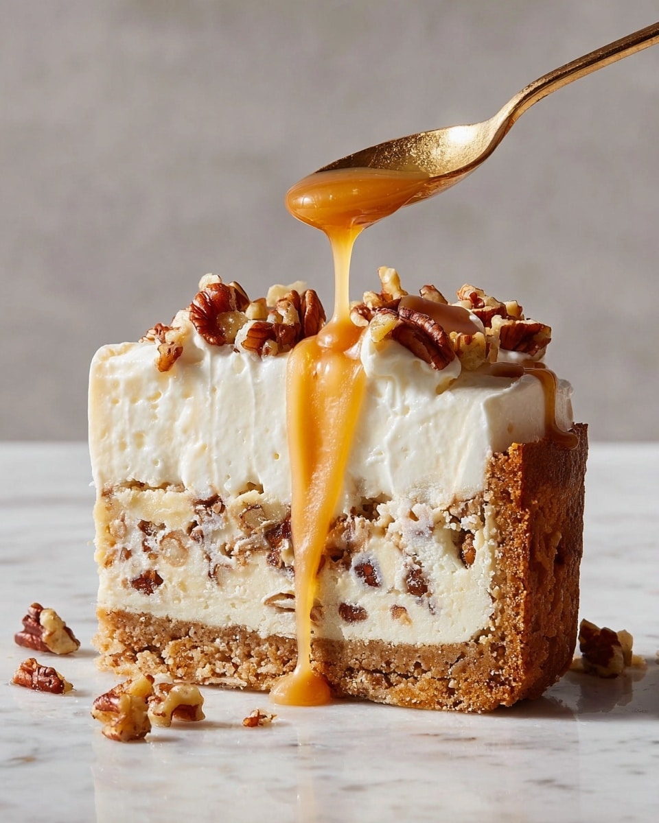 A round cheesecake with a light yellow creamy layer on the bottom is placed on a dark baking pan. On top of this is a thick layer of white whipped cream spread unevenly, covered with glossy light brown syrup drizzled over it. Small pieces of brown pecans are scattered on the cream and syrup. One slice is slightly pulled out, showing the smooth texture of the cheesecake and cream. The pan sits on a white marbled surface with crumbs and pecan pieces around it. Photo taken with an iphone --ar 4:5 --v 7