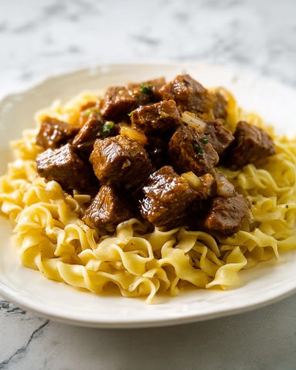 The dish shows a white plate with a bed of twisted, pale yellow egg noodles forming the bottom layer. On top of the noodles, there are chunks of dark brown meat in a thick sauce with small bits of orange and green, giving a rich and tender look. The noodles have a slightly soft texture with a light green herb garnish mixed in. The plate sits on a white marbled surface, giving a clean and fresh background. photo taken with an iphone --ar 4:5 --v 7