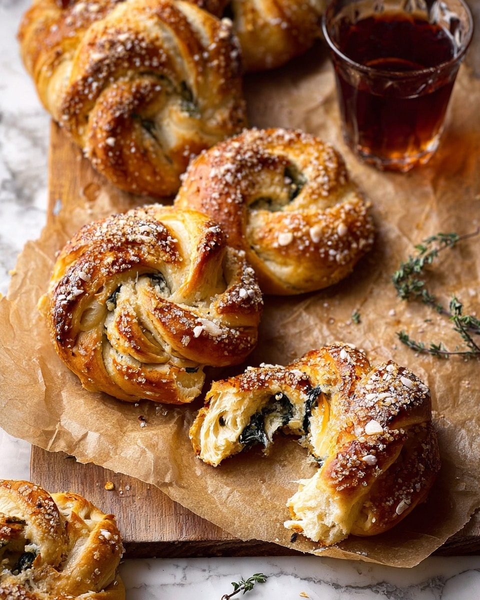 The image shows several golden brown twisted rolls with coarse white salt sprinkled on top, placed on brown parchment paper over a white marbled surface. Each roll has a braided texture with layers of fluffy dough and bits of green herbs inside. One roll is broken open, revealing soft, light, and airy inside with herbs scattered throughout. Near the rolls is a clear glass filled with dark amber liquid. Small sprigs of fresh green herbs are placed around the rolls for decoration. The scene is warm and rustic, highlighting the soft inside and crisp crust of the rolls. Photo taken with an iphone --ar 4:5 --v 7
