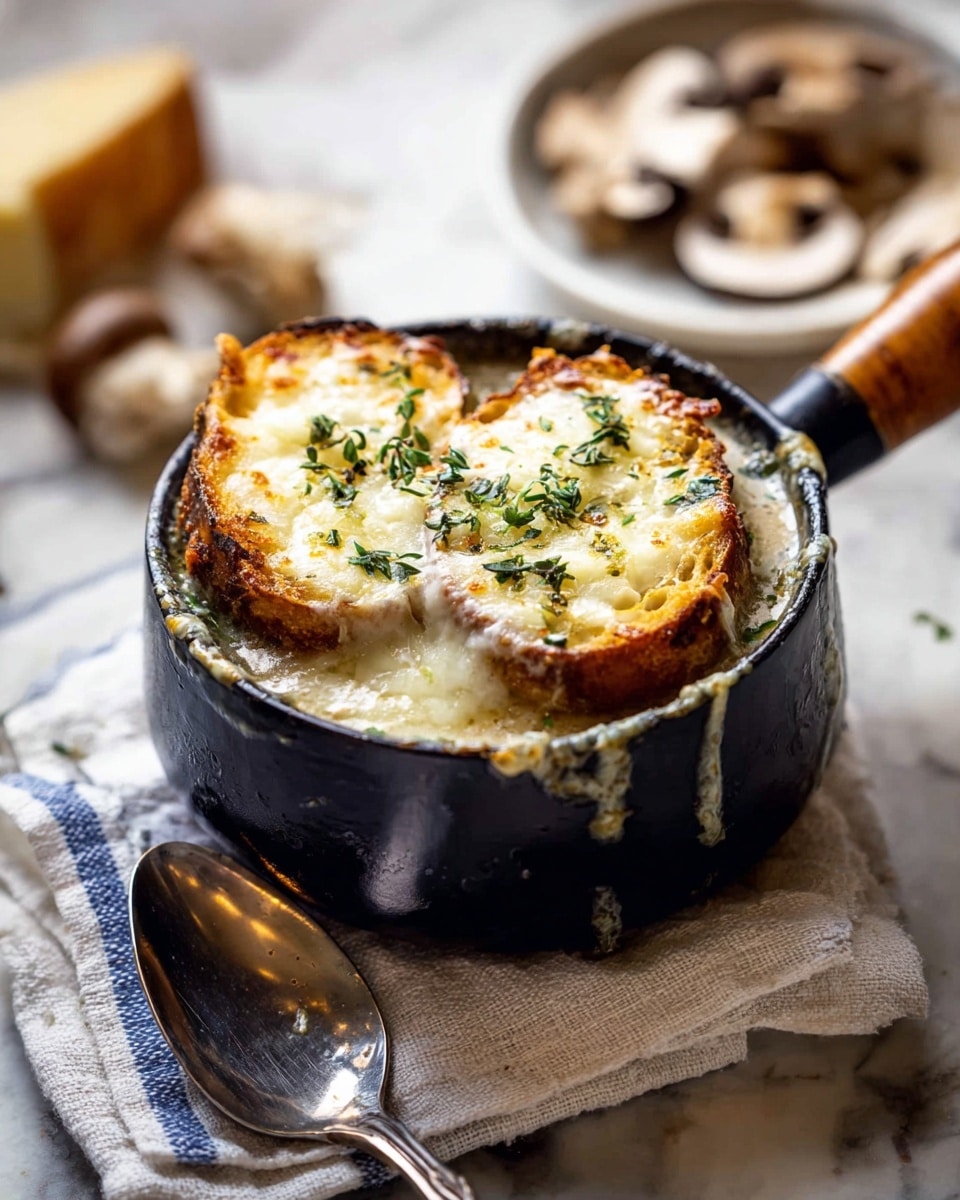 The image shows a deep black pot with a wooden handle filled with a baked dish. The top layer consists of golden brown melted cheese with a bubbly texture and melted patches, sprinkled with fresh green thyme leaves. Beneath the cheese, some slices of toasted bread with slightly charred edges peek out. The pot is placed on a white cloth with blue stripes, set on a white marbled surface. To the left of the pot, there are two vintage silver spoons. In the background, a slightly blurred white bowl with shredded meat and a piece of bread are visible. Photo taken with an iphone --ar 4:5 --v 7