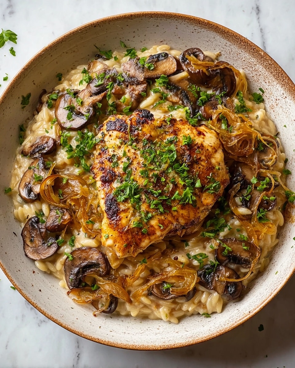 A white speckled bowl contains a creamy orzo base mixed with brown sautéed mushrooms and golden caramelized onions evenly spread throughout. On top, there is a single golden-brown cooked piece of chicken positioned in the center, garnished with fresh green herbs finely chopped and scattered over the entire dish. The dish sits on a white marbled surface with a small wooden bowl of green herbs visible in the upper left corner and a glass of water with herbs in the upper right background. Photo taken with an iphone --ar 4:5 --v 7