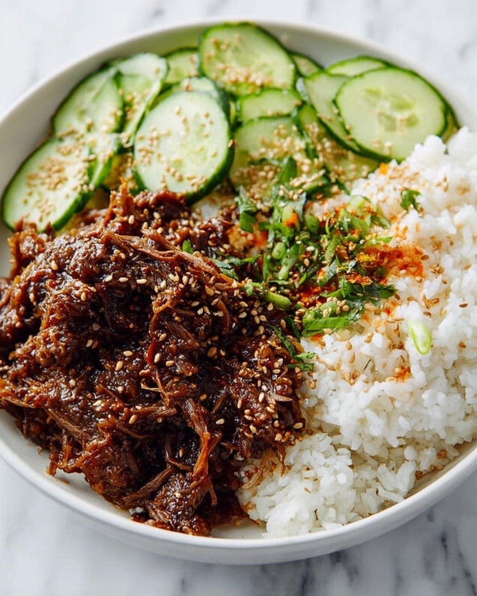 A white bowl filled with a base layer of fluffy white rice, topped with shredded brown meat covered in a glossy dark sauce, sprinkled with light brown sesame seeds and some green herbs. On one side, there are thin green cucumber slices arranged in a small pile, also sprinkled with sesame seeds, and a small portion of orange pickled vegetables near the cucumbers. The bowl sits on a white marbled surface. Photo taken with an iphone --ar 4:5 --v 7