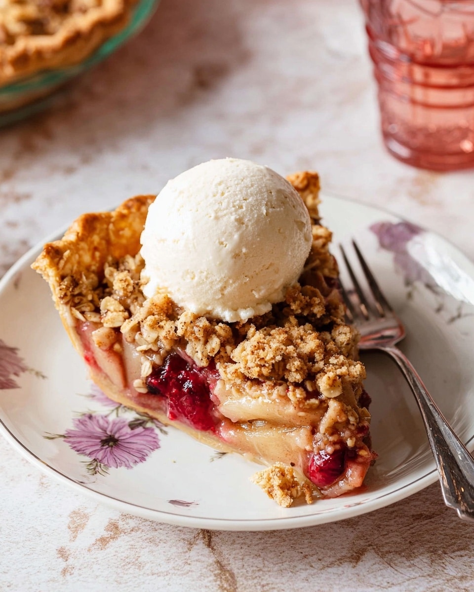 A slice of pie is shown on a white plate with a light floral pattern around the edge. The pie has three main layers: a golden brown crust around the edge, a filling made of soft apple chunks and whole red cherries with a slightly glossy, juicy look, and a crumbly oat topping that is light brown with clusters of oats and small bits. On top of the crumb layer, there is a single scoop of white ice cream melting slightly into the pie. The plate is on a white marbled surface, with a silver fork resting next to it and part of a red checkered cloth visible nearby. Photo taken with an iphone --ar 4:5 --v 7